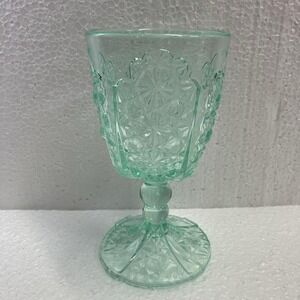 Antique Adams & Co Goblet Daisy & Button Thumbprint #86 Water Glass Aqua UV Glow